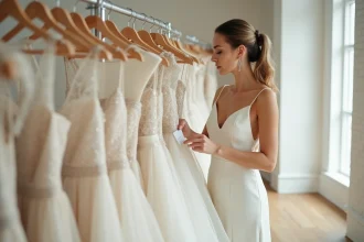 Femme en robe de mariée ivoire examinant une étiquette de prix dans une boutique de mariage pour trouver une robe à petit budget