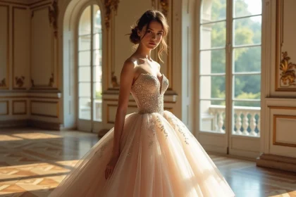 Robe de mariée princesse bouffante à paillettes en coloris champagne sur une mariée à carnation dorée dans un salon parisien