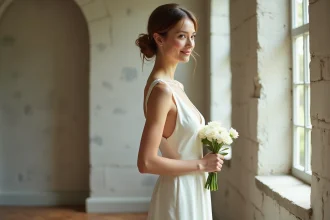 Mariée en robe de satin ivoire simple et élégante près d'une fenêtre en arc dans un salon en pierre, tenant un bouquet de renoncules blanches