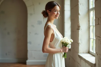 Mariée en robe de satin ivoire simple et élégante près d'une fenêtre en arc dans un salon en pierre, tenant un bouquet de renoncules blanches