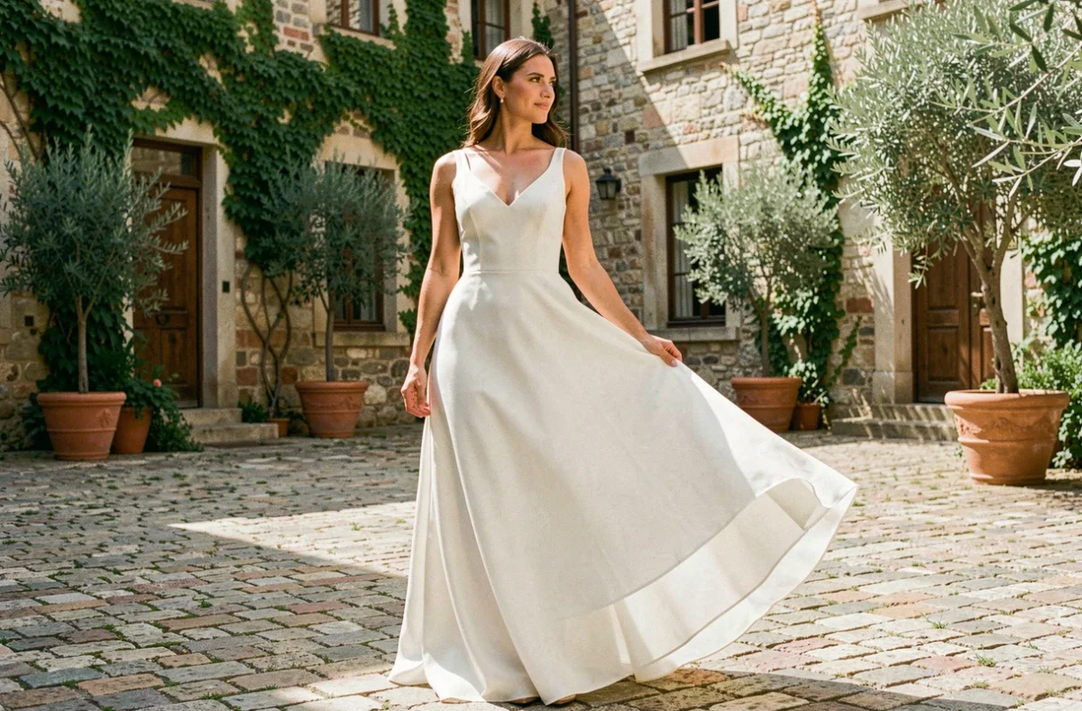 Femme en robe de mariée en mousseline de soie minimaliste dans une cour pavée européenne en plein air