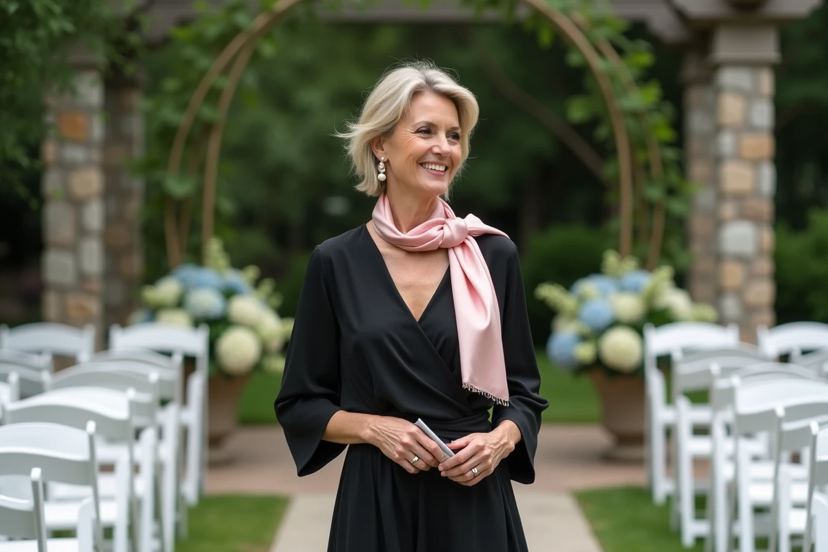Femme élégante en robe noire portefeuille avec foulard rose poudré lors d'une cérémonie de mariage en jardin
