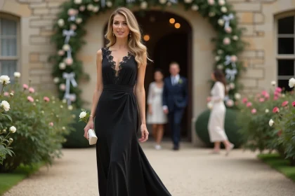 Femme en robe noire longue élégante lors d'un mariage en château, tenant un clutch ivoire et une pivoine blanche
