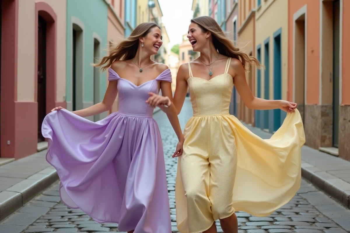 Deux mariées en robes pastel années 50 et 60 tournoyant dans une rue pavée européenne