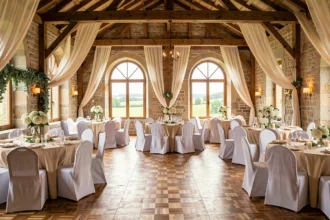 Salle de mariage élégante dans le Morbihan avec décoration florale blanche, murs en pierre et poutres en bois apparentes