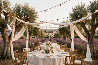 Vue panoramique d'une salle de réception de mariage en Provence-Alpes-Côte d'Azur, avec tables dressées sous des oliviers centenaires et champs de lavande en arrière-plan