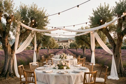 Vue panoramique d'une salle de réception de mariage en Provence-Alpes-Côte d'Azur, avec tables dressées sous des oliviers centenaires et champs de lavande en arrière-plan
