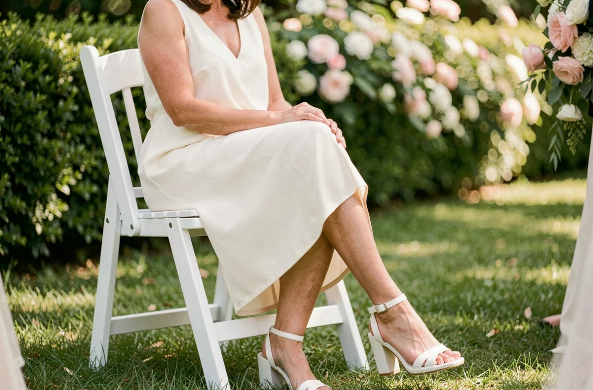 Femme invitée de mariage portant des sandales blanches à talon bloc dans un jardin fleuri