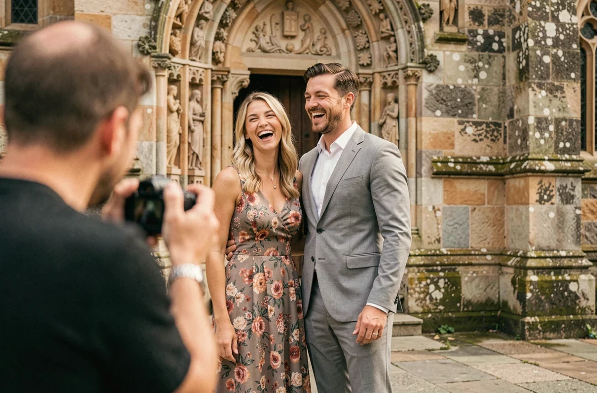 Couple souriant photographié devant une église en pierre dans une ville française lors d'une séance photo professionnelle