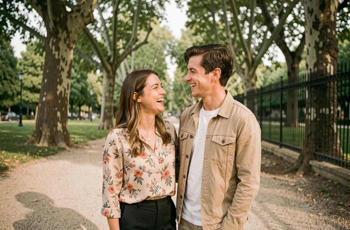 Couple souriant lors d'une séance photo en plein air dans un parc de Denain avec un photographe professionnel