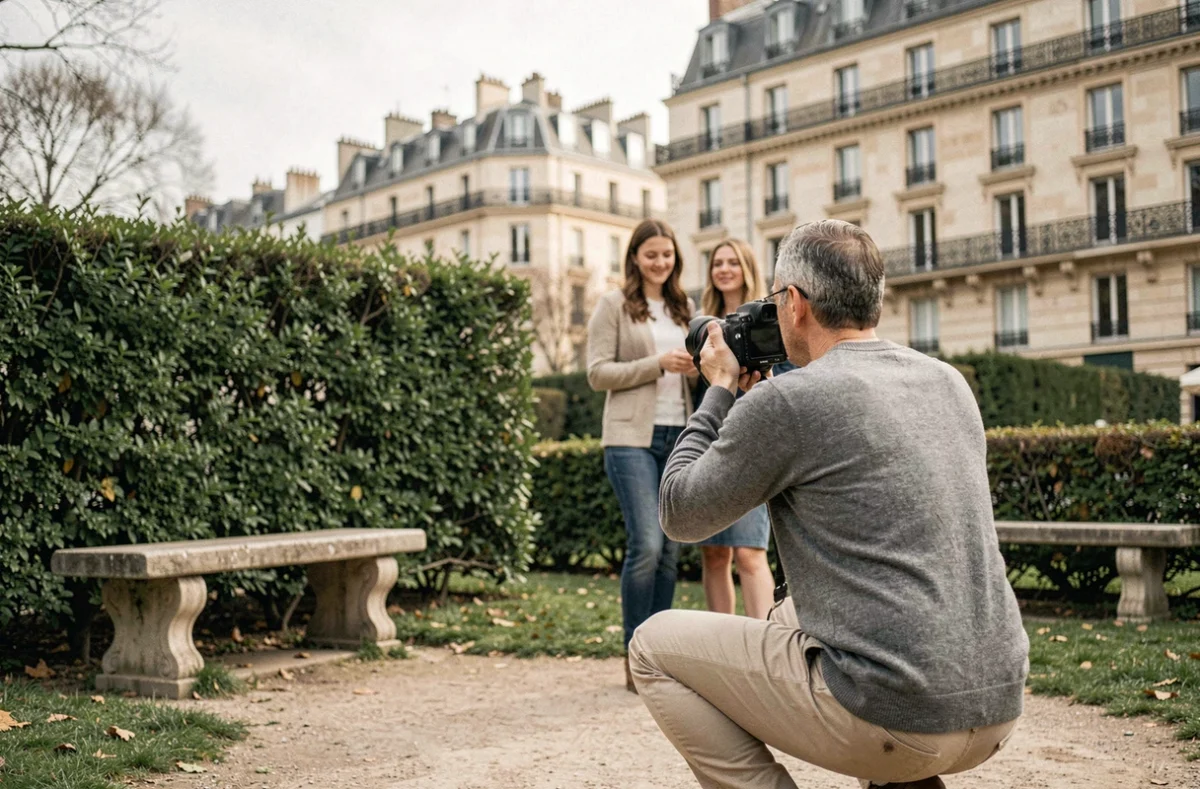 Photographe capturant une séance photo en extérieur dans un parc à Montrouge