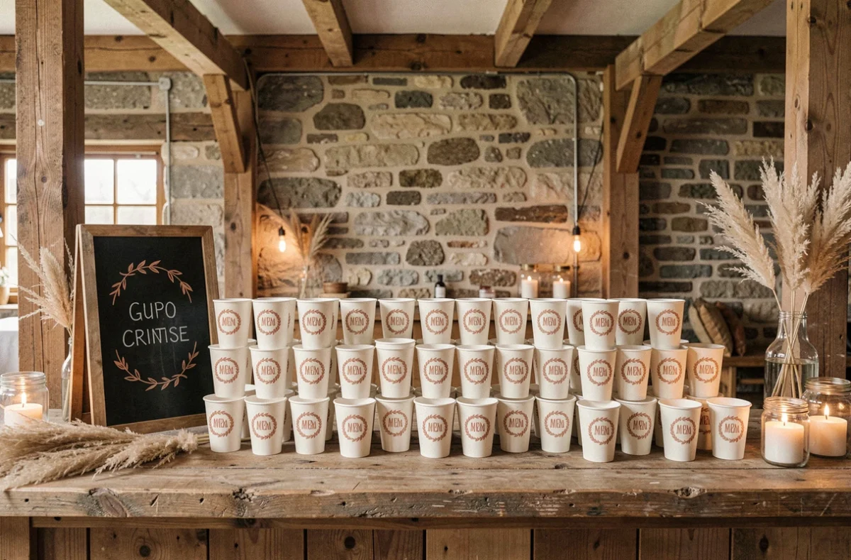 Station boissons de mariage champêtre avec éco cups personnalisés monogramme alignés sur bois brut dans une grange décorée
