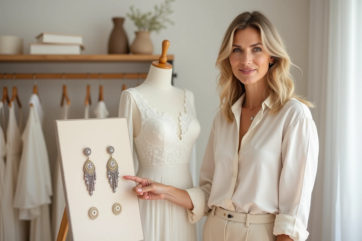 Styliste en boutique de mariage montrant des boucles d'oreilles pendantes assorties et non assorties sur un présentoir en velours, conseillant sur les erreurs de style à éviter
