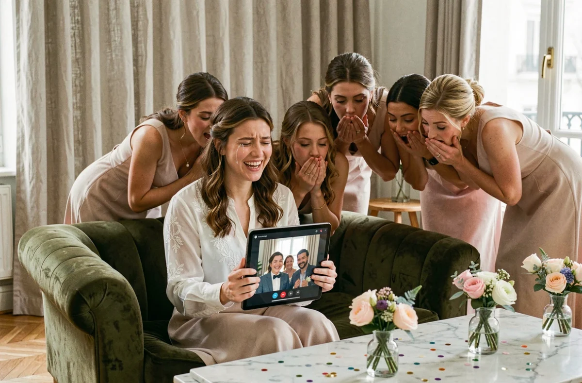 Future mariée émue regardant une vidéo surprise de ses proches sur une tablette lors de son EVJF à la maison