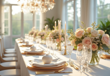 Table de mariage élégante avec fleurs pastel et chandeliers