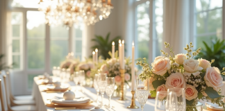 Table de mariage élégante avec fleurs pastel et chandeliers