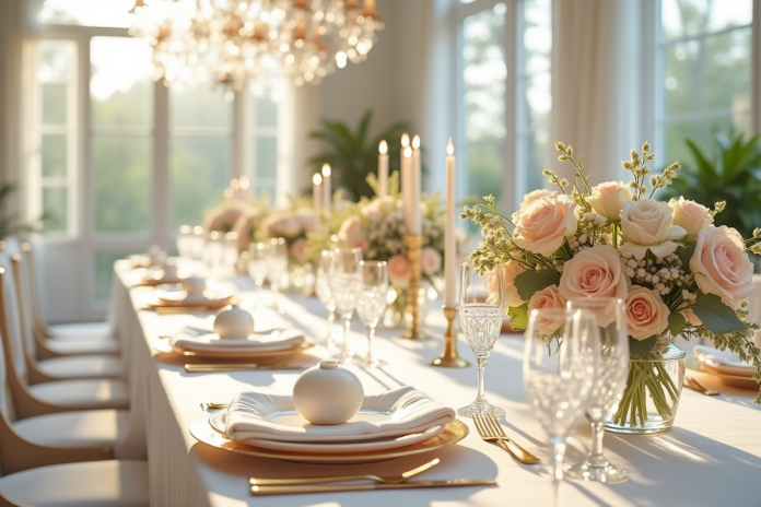Table de mariage élégante avec fleurs pastel et chandeliers