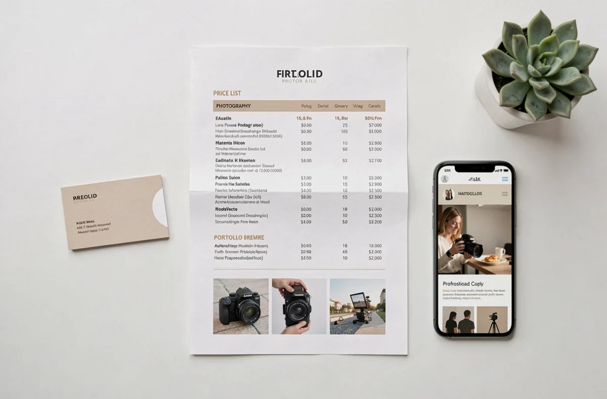 Grille tarifaire et portfolio d'un photographe à Montrouge présentés sur un bureau