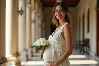 Femme enceinte en robe portefeuille ivoire élégante lors d'un mariage civil, tenant un bouquet de pivoines blanches dans un couloir de mairie
