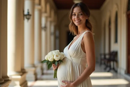 Femme enceinte en robe portefeuille ivoire élégante lors d'un mariage civil, tenant un bouquet de pivoines blanches dans un couloir de mairie