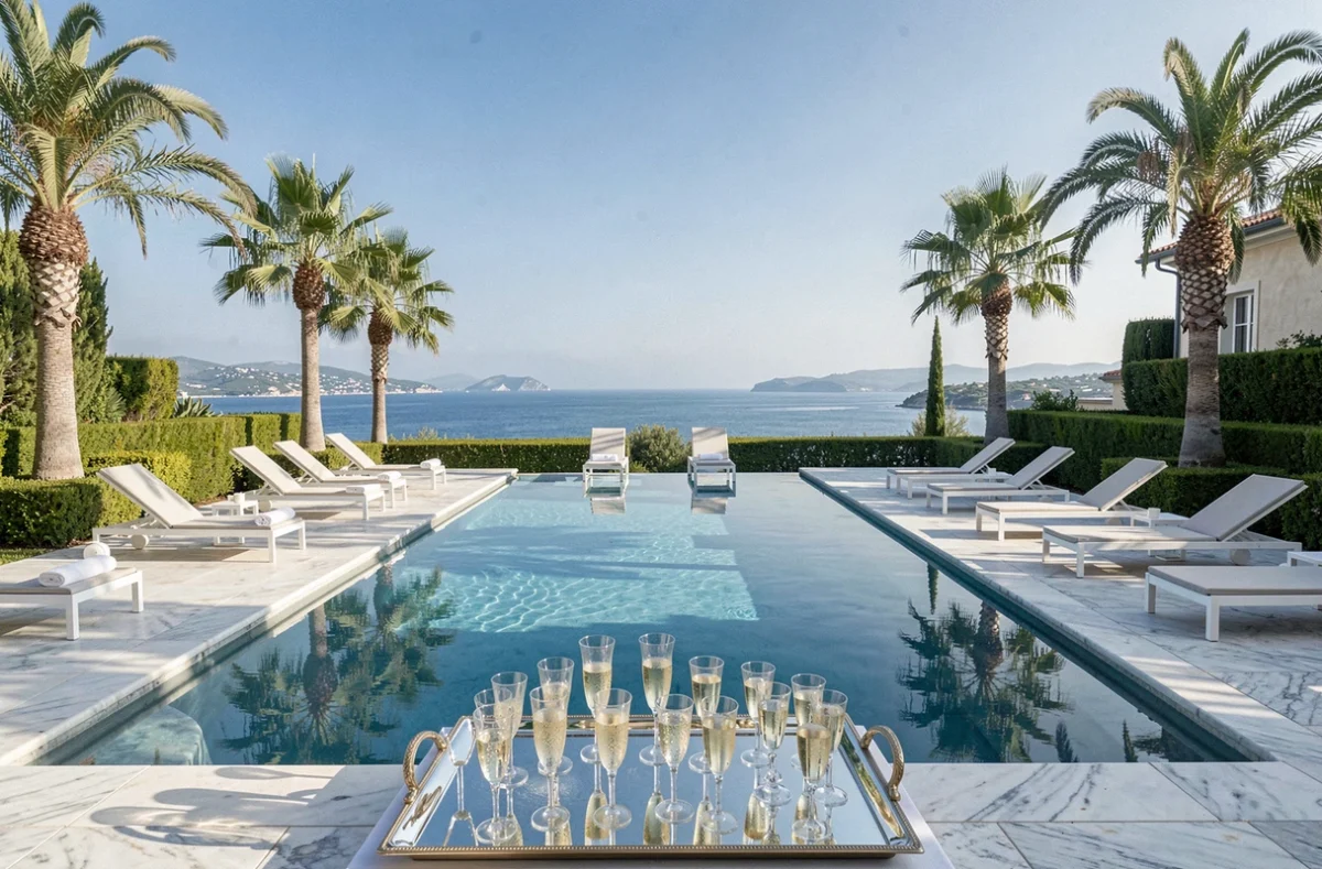 Villa Lovina sur la Côte d'Azur, piscine à débordement et terrasse décorée pour une réception de mariage avec vue panoramique sur la mer