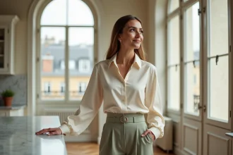Femme élégante et moderne dans un appartement parisien lumineux, illustrant une vision contemporaine du couple et de l'identité féminine